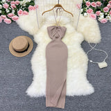 Zingj Sunshine Wind Sweet Slim Show Thin Tight Knit Dress Socialite Temperament Hanging Neck Off The Shoulder Slit