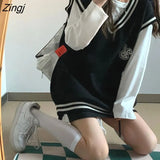 Fashion Oversized Black Sweater Vest Deeptown Preppy Style Knit Sweater Women Rabbit Print Harajuku Kawaii Cute