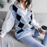 Pullover Rhombus V-neck Casual Loose Knitted Sweater Women's