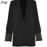 Diamond Loose Blazer Low Waist Mini Skirt Set Women Bright Mesh Hollow Out Wrap Skirt Long Sleeve Shoulder Pads