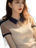 Chic And Beautiful Striped POLO Collar Short-Sleeved Shirt Women's Summer Unique Design Sense Of The