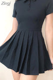 Short Sleeved Navy Dress 2023 New Summer Pleated Short Dresses Slim High Waist Fashion Folds Casual Dress for