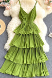 Women Draped Ruffle Spaghetti Strap Dress Sexy Vacation Beach Vestidos Female Elegant High Waist Slim Midi Robe 2023