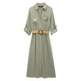 Spring Dress With Belt Blended Shirt