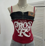 Edge Denim Spliced Letter Embroidered Sling Sling Vest T-Girls Short Top