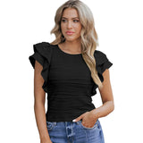 Texture Lotus Side Short-Sleeved T-Shirt Women 2025 Casual Round Collar T-Shirt