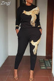 Piece Women Set Winter Spring New Arrival Casual Black Sequined O-Neck Beading Sequined Long Sleeve Top And Long Pants
