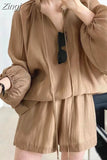 Two Piece Set Fashion Korea New Summer Long Sleeve Sunscreen Blouse Women + Ladies Womens Casual Loose Black Shirt Shorts