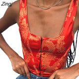 Women's Summer Streetwear Crop Top Sleeveless Square Neck Central Single-Row Clasp Animal Print Tank