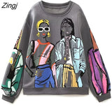 Women Fashion Modern Ladies Print Loose Fleece Sweatshirts Female O Neck Long Sleeve Hoodies Chic Pullovers Tops