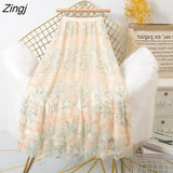 Embroidery Tulle Skirt Women Spring Flower Elastic High Waist Pleated Midi Skirt Korean Style Elegant A-line Mujer
