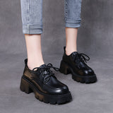 British Style Small Leather Shoes Women Thick Heel Low-Skinny Pine Shoes Spring And Autumn Lace With Lefu Single Shoes Pine Cake Thick