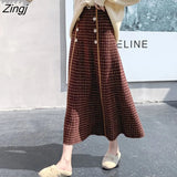Plaid Wool Tweed Skirt Women Elegant Korean Style High Breasted Skirt Autumn Winter Streetwear Warm A-line Midi