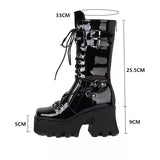 Autumn And Winter Women's Boots Black Patent Leather Boots Women's Belt Buckle Pine Cake Thick Bottom With Locomotive Boots Women's High