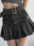 Buckle Belt Pleated Denim Mini Skirt- Outfit