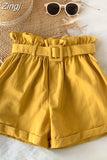 Summer Elegant High Waist Shorts Women Casual Solid Wide Leg Loose Cotton Short Pants With Belt Korean Sweet