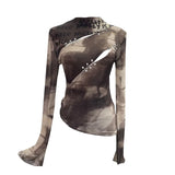 Want To Play The Bottom Of The Long-Sleeved T-Shirt Design Hollow Print Irregular Mesh Yarn Personality Hottie Top