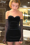 Sexy Velvet Solid Mini Dress with Lace Gloves Female Backless Bodycon Stretchy Dress Casual High Streetwear
