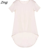 Women Solid Brief Long T-shirt Ladies O Neck Short Sleeve Casual Loose Chiffon Summer Irregular