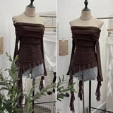 Shot A Word Shoulder Folded Top Girl Spring And Summer Side-Sleeve Strap Design French Long-Sleeved Mesh T-Shirt