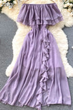 Slash Neck Chiffon Long Dress Women Red/Green/Purple Irregular Ruffle Short Sleeve High Waist Beach Vestidos Female