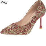 crystal metal snow rivets single shoes red/black women wedding shoes pointed toe thin high heels slip on pumps