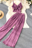 Women Pleated Two Piece Set Sexy Female Criss Cross Twist Strap Tops + High Waist Draped Pants Beach Suits Vacation