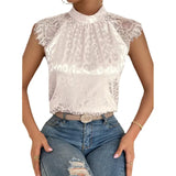 Stand Collar Top Lady Loose Sleeveless Sexy Lace Shirt Womens Blouses Solid Pink Shirts 2023 Pullover Blusas Mujer