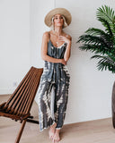 Women Summer Printed Jumpsuits Drawstring Design Pockets Decor Oblique Collar Sleeveless Mid Waist Slim Jumpsuits
