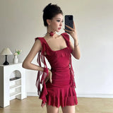 Lotus Leaf Tie With Red Dress Summer Thin Mesh Style Tens Of Thousands Of Folded Belt Hanging