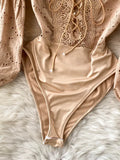 Women Sexy Hollow Out Lace Playsuits Khaki V-Neck Bandage Romper Elegant Puff Long Sleeve High Waist Embroidered Jumpsuits