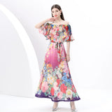 Wind Shoulder Lotus Leaf Side Bright Silk Print Dress Girl Spring Waist Temperament Big Chiffon Long