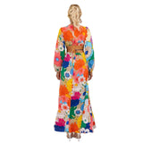Zingj Autumn And Winter New Fashion Print Round Collar Lantern Sleeve Long Style Accept Waist