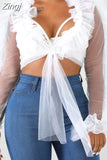 Shirts Mesh Sheer See Through Ruffles Long Sleeve Crop Tops Deep V-neck Lace-up Blouses Party Outwear 3