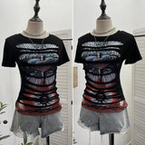 Rock Gothic 2025 Summer Dress Hole Design Feel Short-Sleeved Printed T-Shirt