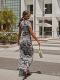 Short Sleeve Vintage Bodycon Long Dress Y2K Newspaper Lips Print Ruched Slim Fit Long Dress Trendy Club