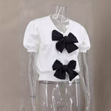 And Sweet Niche Wind 2025 Spring New V-Necked Short-Sleeved Personality Double Bow Solid Color Sweater