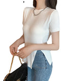 Zingj Summer Wear New Net Red Ins Super Fire Slim Versatile Side Slit Black Short-Sleeved T-Shirt Women's Chic Top