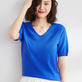 Zingj / Summer 2024 New Knit Short Sleeve Female V Collar Bottom Knit Sleeve Half Sleeve Sweater Loose Bottom Sweater-Outfit
