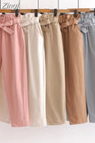 Spring Summer Bow Belt Solid Elastic High Waist Casual Harem Pants Korean Sweet Girls Ankle-Length Cotton Long