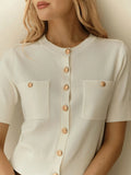 Simple Elegant Double Pocket Metal Buckle Knitted Top Temperament Round-Neck