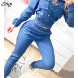 Women Safari Style Autumn Turn-down Collar Crop Top & Long Pants Set Casual Chic Solid Long Sleeve Fitting Denim Suit