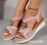 Large-Size Metal Buckle Slope Heel Sandals Women Linen Tight With Thick Bottom Beach Cool