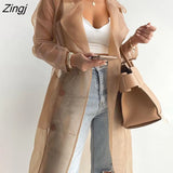 Women Fashion See Through Outdoor Tops Lace Up Spring Solid Sheer Mesh Long Sleeve Buttoned Coat With Belt Elegant
