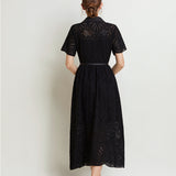 Retro Elegant Dress Women's Summer Senior Sense Collar Single Buckle Waist Thin Hollow Embroidered