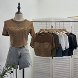 Real Shooting 2024 Summer Denim Splicing Mesh Yarn Short-Sleeved T-Shirt Design Fake Two Hot Girl Short Top