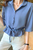 Women Solid Turn-down Collar Half Sleeve Chiffon Shirt Fashion Casual Shirring Single-breasted Blouses Female