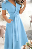 Women Summer Long Dress Short Sleeve V Neck Solid Vintage Elegant Chic Shirt Dress With Belt Office Ladies Party