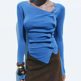 Long-Sleeved Women's Clothing In Autumn 2025 New Irregular Design Folding Button Repair Knitted Top