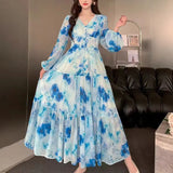 Dress Women 2025 New High-End Sense V-Neck Pearl Buckle Lantern Sleeves Wide Swing Print Long